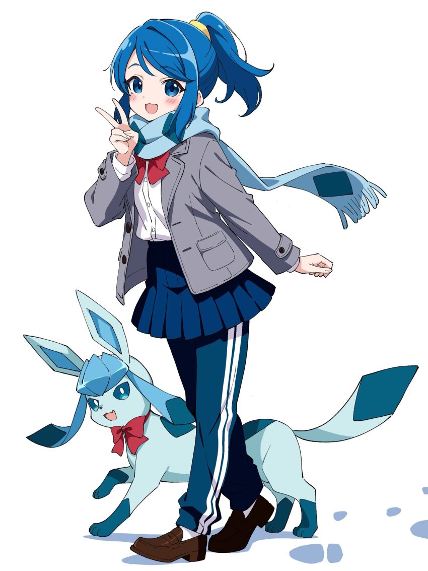 1girl, :d, blue_eyes, blue_hair, blue_pants, blue_scarf, blue_skirt, blush