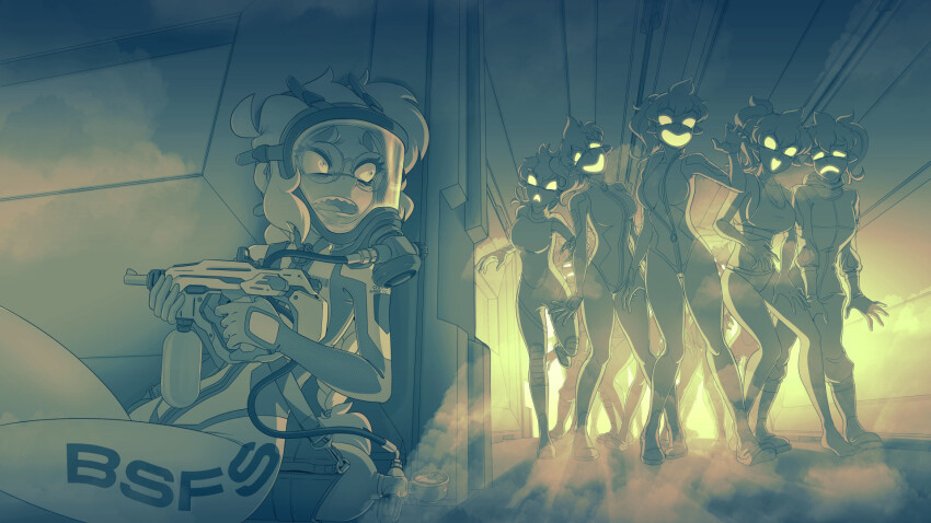 backlighting, bodysuit, bsfs, clone_harem, commander_rab_(layer_industries), gas_mask, glasses, gloves