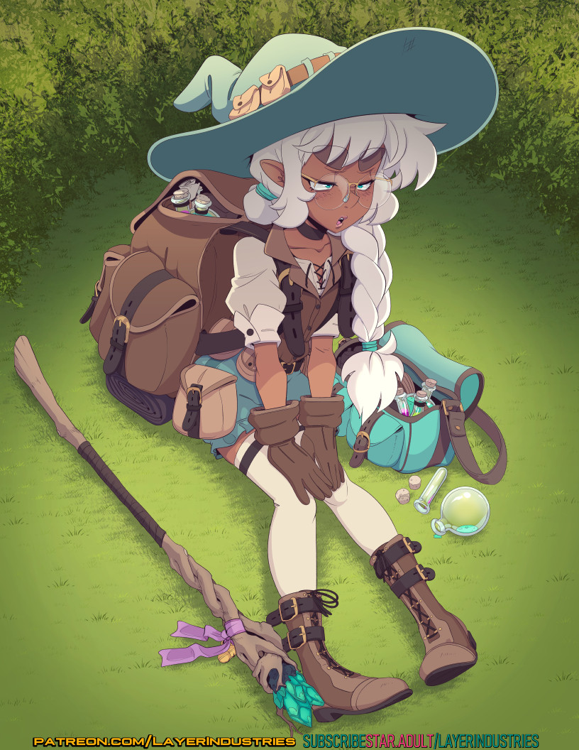 backpack, bag, bottle, bsfs, bushes, commander_rab_(layer_industries), empty_bottle, gloves, grass, hat, hiking_boots, janine_flores, leather, leather_gloves, ponytail, potion, sitting, staff, test_tube, thighhighs, white_hair, witch_hat