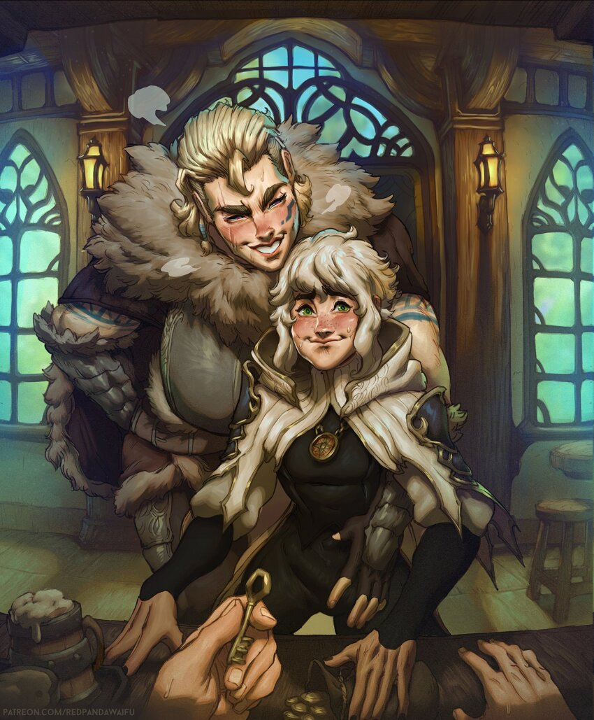 1boy, 1girl, 1other, artist_name, blonde_hair, blush, bulge, coin_purse, commentary, dungeons_&amp;_dragons, english_commentary, erection, erection_under_clothes, green_eyes, grin, highres, holding, holding_key, indoors, jewelry, key, long_hair, looking_at_viewer, lukas_(vymira), necklace, patreon_username, pov, red_panda_waifu, revna_(vymira), smile, sweat, tankard, watermark, web_address, white_hair