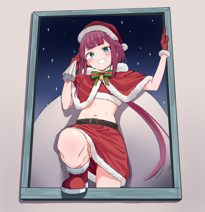1girl, absurdres, aimoto_asahi_(urushiushiru), aqua_eyes, belt, belt_buckle, black_belt, boots, buckle, capelet, center-flap_bangs, commentary_request, crop_top, cropped_shirt, fur-trimmed_boots, fur-trimmed_capelet, fur-trimmed_gloves, fur-trimmed_shirt, fur-trimmed_skirt, fur_trim, gloves, grin, hands_up, highres, holding, holding_sack, long_hair, looking_at_viewer, miniskirt, navel, night, original, panties, panty_peek, purple_eyes, red_boots, red_capelet, red_gloves, red_shirt, red_skirt, sack, santa_costume, shirt, sidelocks, skirt, smile, solo, stepping_on_frame, stomach, underwear, urushiushiru, v-shaped_eyebrows