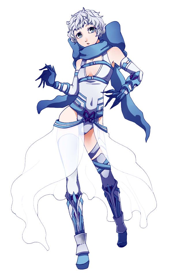 1girl, armored_boots, blue_scarf, boots, breasts, closed_mouth, commentary_request, covered_navel