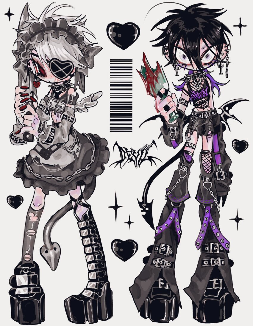 2boys, 666, ahoge, amatou_akuma, angel_wings, apron, asymmetrical_footwear, asymmetrical_legwear, barcode, bare_shoulders, belt, black_eyes, black_hair, black_nails, black_ring, black_shirt, black_shoes, black_sleeves, black_straps, black_tail, black_wings, blood, blood_drip, blood_on_glass, bloody_weapon, boots, bottle, bow, broken_bottle, broken_glass, chain, collar, colored_inner_hair, crop_top, cross, crossdressing, crossdressing_(mtf), demon_boy, demon_tail, demon_wings, detached_sleeves, ear_piercing, earrings, emo_boy, eyepatch, facing_viewer, fingernails, fishnet_thighhighs, fishnet_top, fishnets, frilled_headdress, frilled_skirt, frills, from_side, full_body, garter_straps, glass, goth_fashion, gothic_lolita, grey_apron, grey_bow, grey_hair, grey_headdress, grey_leg_warmers, grey_shirt, grey_sleeves, grey_tail, hair_between_eyes, heart, heart_earrings, heart_eyepatch, heart_ring_strap, highres, holding, holding_bottle, holding_knife, jewelry, knee_boots, knife, leg_warmers, lolita_fashion, looking_at_viewer, maid, maid_apron, maid_headdress, male_focus, male_maid, medium_hair, midriff, mini_wings, multicolored_hair, multiple_boys, nail_polish, navel, one_eye_covered, original, piercing, platform_shoes, pointy_ears, pointy_tail, purple_eyes, purple_hair, purple_straps, red_nails, red_pupils, ring, sharp_fingernails, shirt, shoes, short_hair, shorts, simple_background, skirt, smile, sparkle, spiked_collar, spikes, standing, stitches, tail, thigh_strap, thighhighs, torn_apron, torn_clothes, torn_shorts, torn_thighhighs, trap, uneven_legwear, very_short_hair, waist_apron, weapon, white_background, white_hair, white_wings, wings
