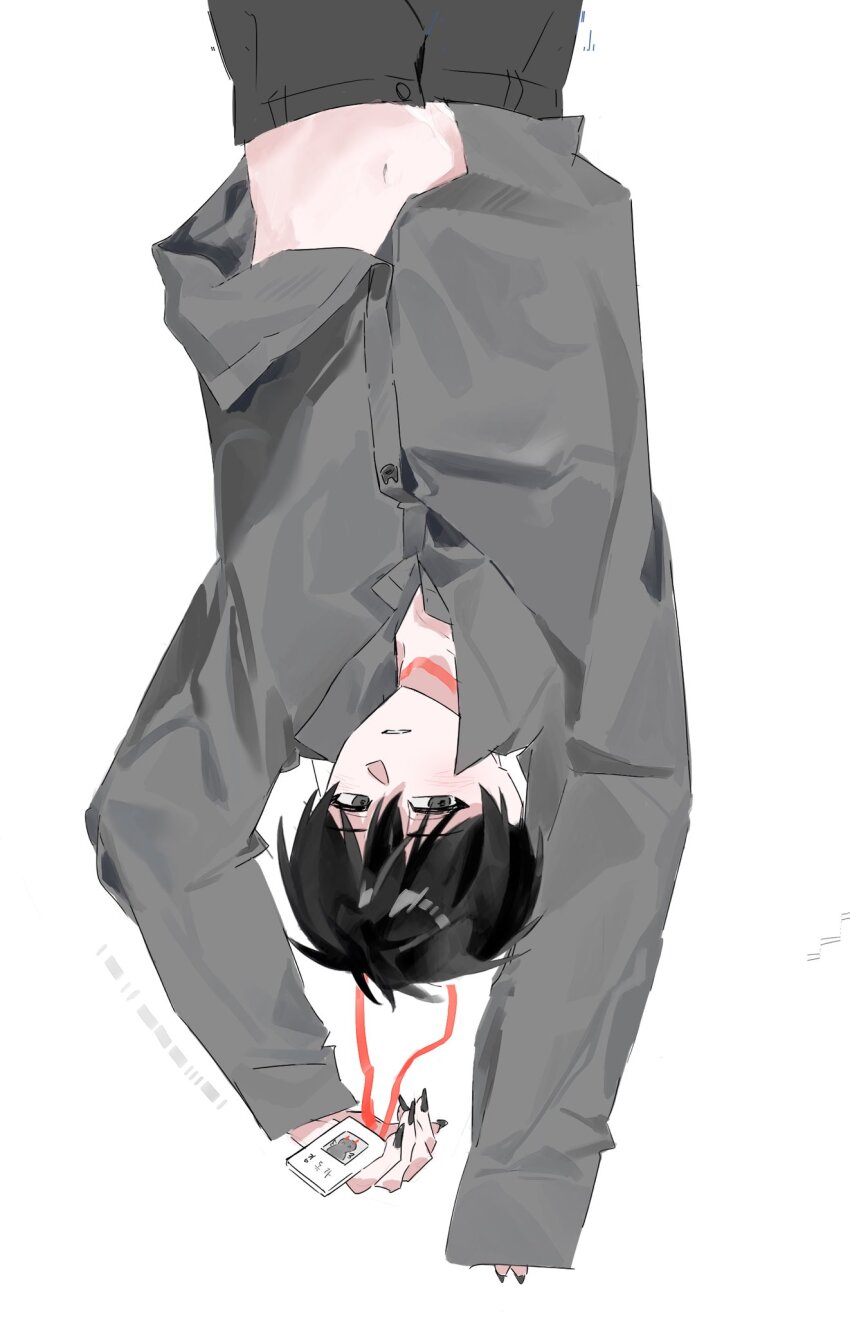 1boy, black_eyes, black_hair, black_nails, black_shirt, clothes_lift, collared_shirt, commentary_request, cowboy_shot, highres, id_card, kim_dokja, korean_commentary, male_focus, memo_0418, omniscient_reader's_viewpoint, outstretched_arms, parted_lips, shirt, shirt_lift, short_hair, solo, stomach, upside-down