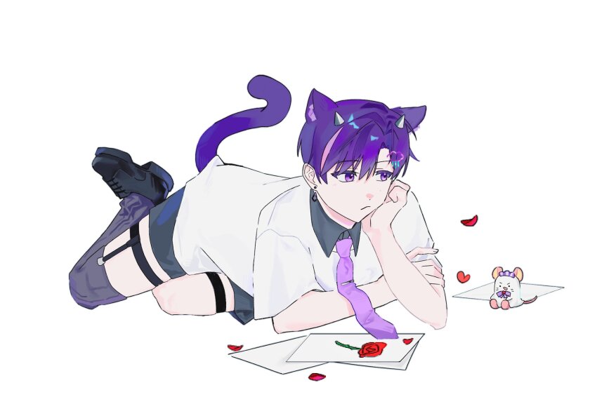 1boy, animal_ears, black_shorts, cat_boy, cat_ears, cat_tail, collared_shirt, commentary_request