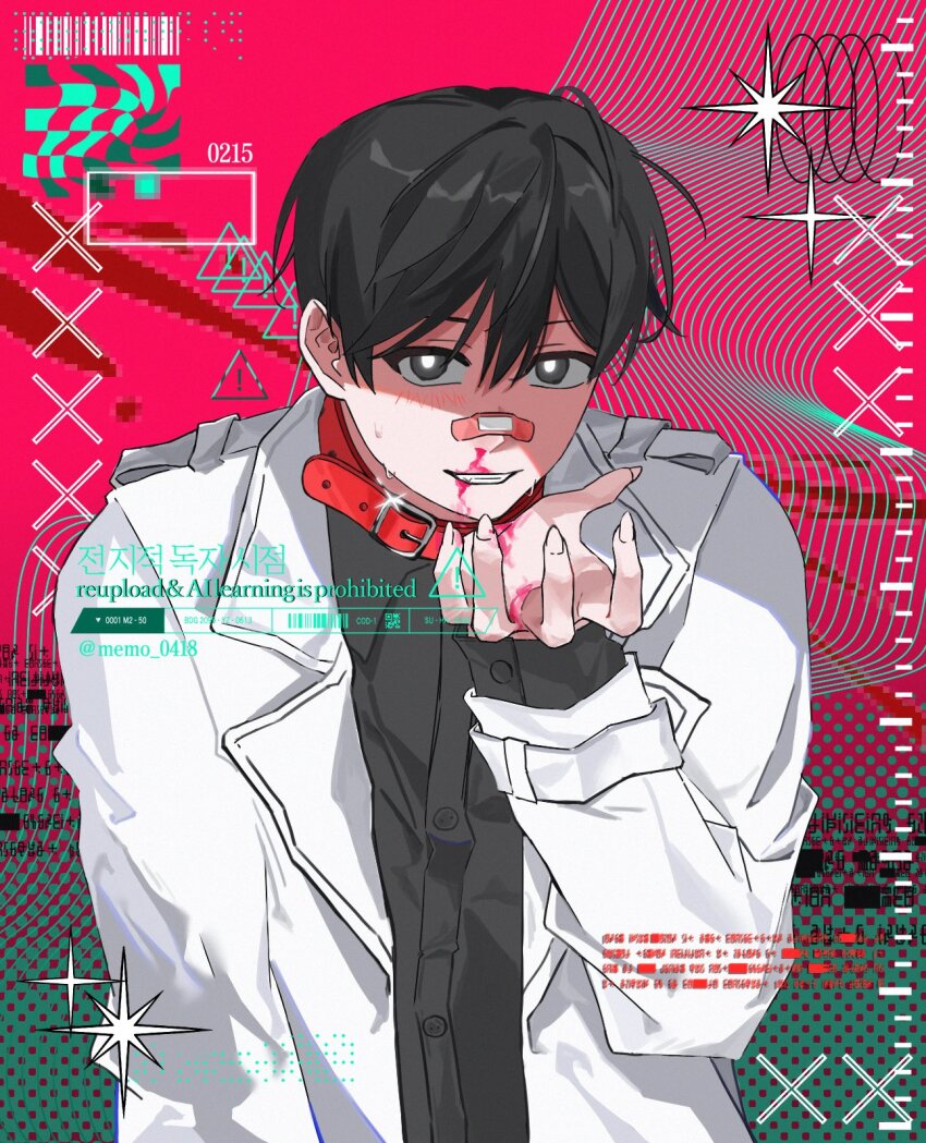 1boy, :d, bandaid, bandaid_on_face, bandaid_on_nose, belt_collar, black_eyes, black_hair
