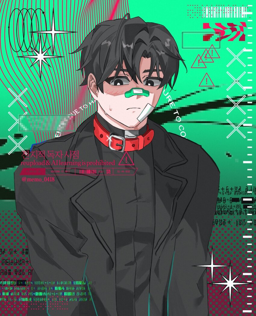 1boy, bandage_on_face, bandages, bandaid, bandaid_on_face, bandaid_on_nose, belt_collar, black_coat