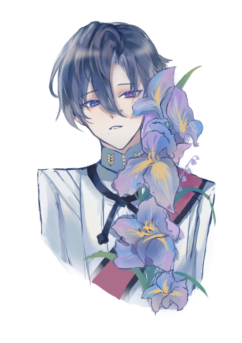 1boy, absurdres, adrian_aselva_hubrlgy, black_hair, black_ribbon, blue_eyes, chinese_commentary, commentary_request, cropped_torso, curtained_hair, expressionless, flower, hair_between_eyes, heterochromia, highres, iris_(flower), leaf, long_hair_between_eyes, looking_at_viewer, male_focus, mandarin_collar, mole, mole_under_mouth, neck_ribbon, parted_lips, purple_eyes, purple_flower, qiong_xiang_prayer, red_sash, ribbon, sash, shirt, short_hair, shoulder_sash, simple_background, solo, the_throne_of_girl, white_background, white_shirt