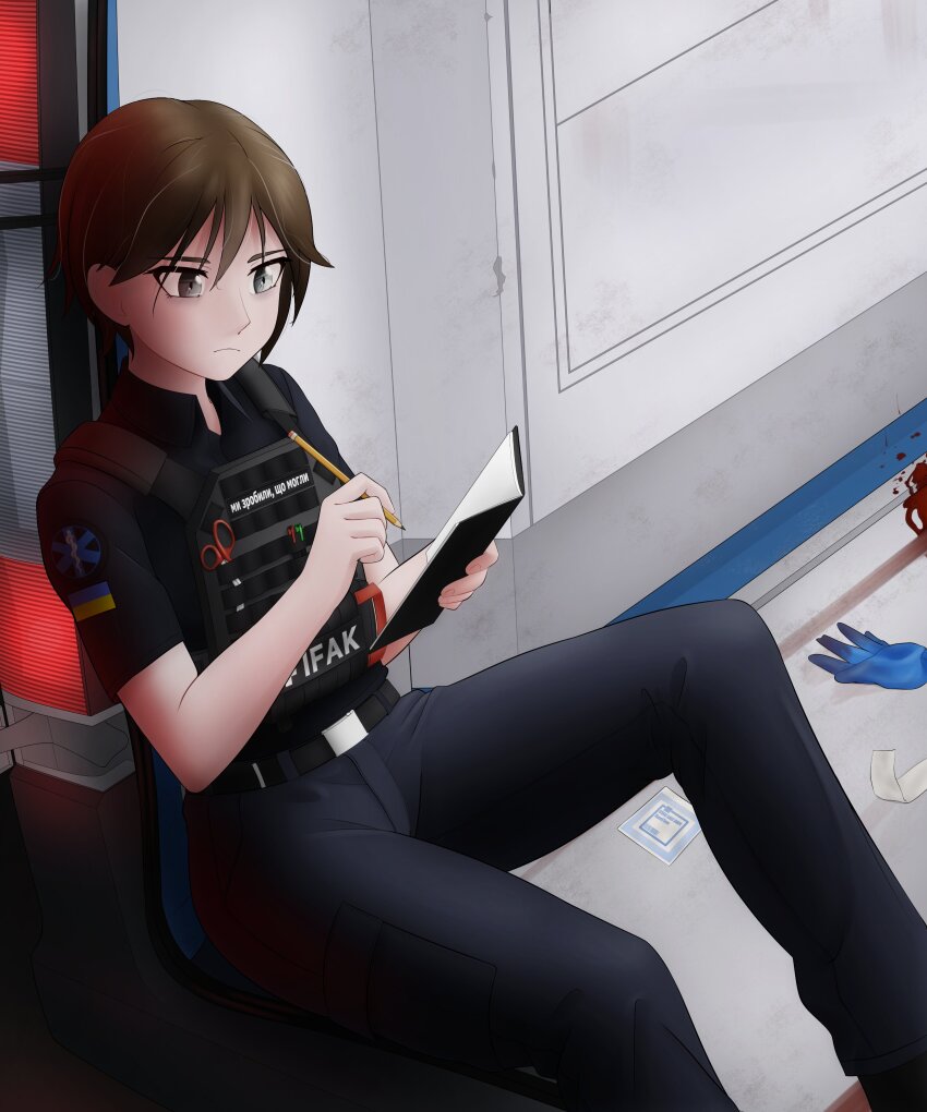 1girl, absurdres, ambulance, ambulance_interior, black_pants, blood, book, brown_hair, bulletproof_vest, caduceus, car, car_interior, closed_mouth, commentary, commission, emblem, english_commentary, english_text, exhausted, expressionless, fuchsbau49, highres, holding, holding_book, holding_pen, looking_down, motor_vehicle, original, pants, paramedic, patch, pen, rod_of_asclepius, russo-ukrainian_war, short_hair, sitting, star_of_life, translated, ukraine, ukrainian_flag, ukrainian_text, writing