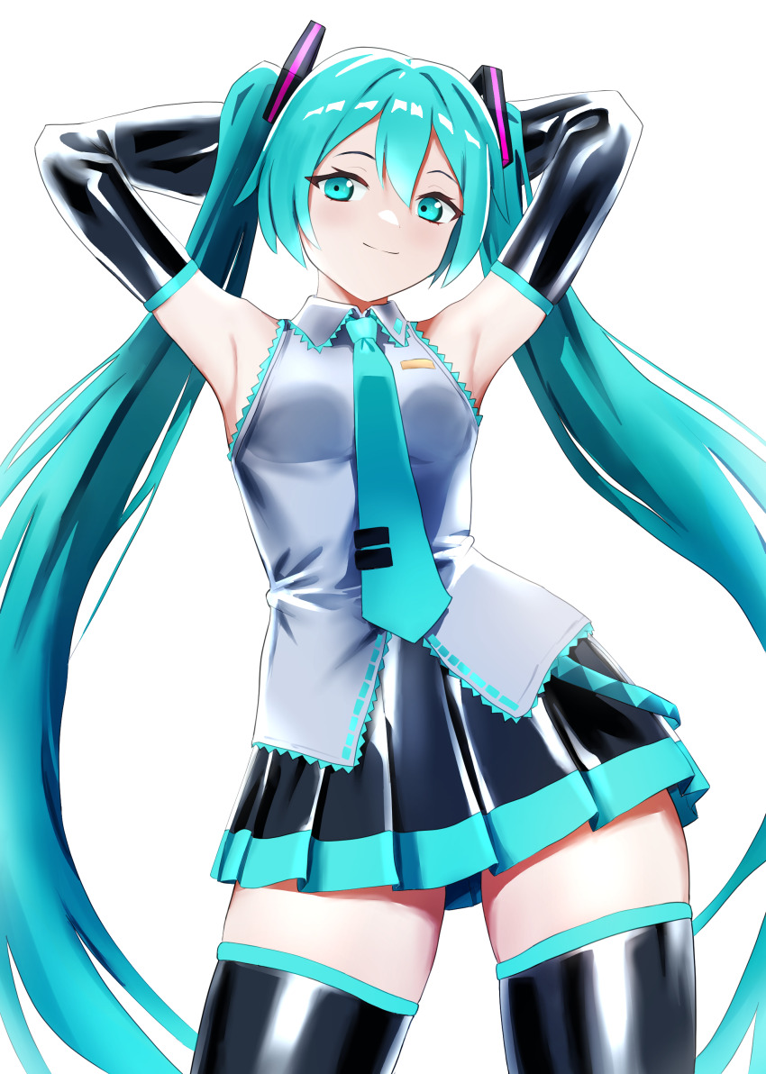 1girl, absurdres, aqua_eyes, aqua_hair, aqua_necktie, aqua_trim, armpit_focus, armpits