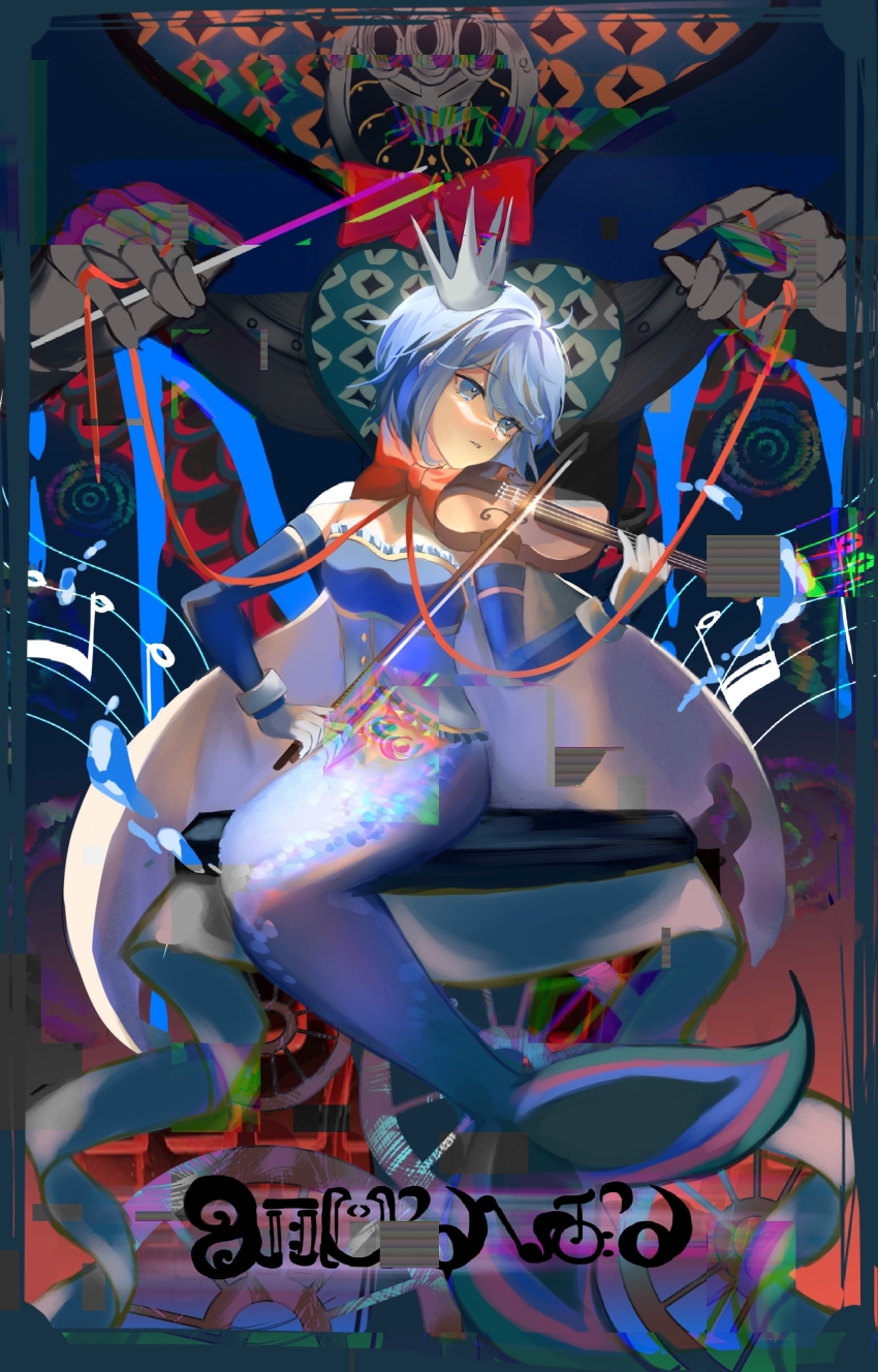 1girl, absurdres, bare_shoulders, blue_background, blue_border, blue_eyes, blue_hair, blue_shirt, border, bow, bow_(music), bowtie, cape, chinese_commentary, commentary, conductor, conductor_baton, detached_sleeves, doll_joints, dual_persona, eye_symbol, fold-over_gloves, full_body, glitch, gloves, gradient_background, highres, holding, holding_baton, holding_bow_(music), holding_instrument, holding_string, holding_violin, instrument, joints, looking_to_the_side, madoka_runes, magical_girl, mahou_shoujo_madoka_magica, mahou_shoujo_madoka_magica_(anime), mermaid, miki_sayaka, miki_sayaka_(magical_girl), monster, monster_girl, monsterification, music, musical_staff, oktavia_von_seckendorff, parted_lips, playing_instrument, pointed_crown, qiong_xiang_prayer, red_background, red_bow, red_bowtie, ship's_wheel, shippou_(pattern), shirt, short_hair, solo, soul_gem, stomach_jewel, strapless, strapless_shirt, string, tearing_up, violin, white_cape, white_gloves, witch_(madoka_magica)
