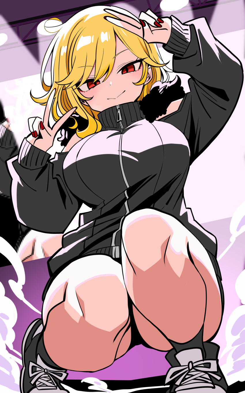 1girl, :>, absurdres, bare_legs, black_shorts, blonde_hair, breasts, clothing_cutout