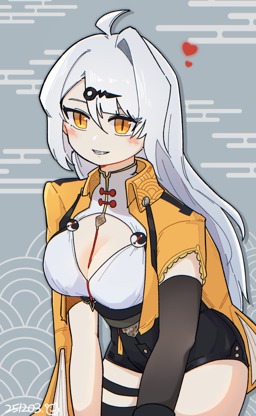 1girl, ahoge, black_shorts, blush, breasts, cleavage, clenched_teeth, grey_background, hamzzirong, heart, high-waist_shorts, highres, jacket, large_breasts, leaning_forward, long_hair, looking_at_viewer, shorts, single_sleeve, solo, teeth, white_hair, yellow_eyes, yellow_jacket, yixuan_(zenless_zone_zero), zenless_zone_zero