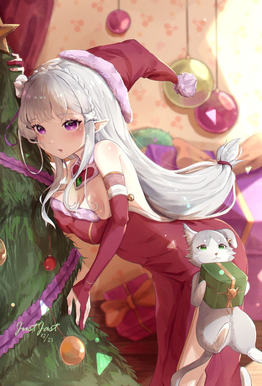 1girl, absurdres, alternate_costume, bare_shoulders, blush, braid, breasts, bridal_gauntlets, cat, christmas, christmas_tree, cleavage, collar, commentary_request, crown_braid, dated, detached_collar, dress, elf, emilia_(re:zero), feet_out_of_frame, flower, fur-trimmed_bridal_gauntlets, fur-trimmed_dress, fur-trimmed_headwear, fur_trim, hair_flower, hair_ornament, hat, heart_collar, highres, indoors, justjast, leaning_forward, long_hair, looking_at_viewer, medium_breasts, nail_polish, parted_lips, pink_nails, pointy_ears, puck_(re:zero), purple_eyes, re:zero_kara_hajimeru_isekai_seikatsu, red_bridal_gauntlets, red_collar, red_dress, red_hat, santa_costume, santa_dress, santa_hat, signature, solo, standing, star_(symbol), strapless, strapless_dress, white_hair, x_hair_ornament