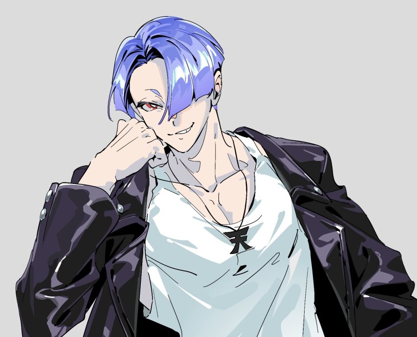 1boy, bb_zatta, blue_hair, blunt_bangs, collarbone, gradient_hair, grey_background, hair_over_one_eye
