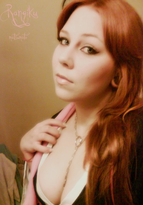 1girl, bleach, breasts, cleavage, cosplay, female_focus, green_eyes, jewelry