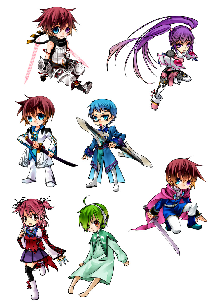 2girls, 4boys, argent-ag, asbel_lhant, barefoot, black_legwear, blue_eyes, blue_hair, blue_skirt, bodysuit, boots, brothers, brown_eyes, cape, cheria_barnes, chibi, cosplay, dagger, full_body, gauntlets, glasses, green_hair, hair_over_one_eye, hairband, heterochromia, holding, holding_dagger, holding_knife, holding_weapon, hubert_ozwell, in-franchise_crossover, kneeling, knife, lambda, lambda_(tales), leon_magnus, leon_magnus_(cosplay), long_hair, miniskirt, multiple_boys, multiple_girls, pants, pink_hair, pleated_skirt, purple_eyes, purple_hair, purple_skirt, red_hair, running, short_hair, short_twintails, siblings, skirt, sophie_(tales), standing, standing_on_one_leg, sword, tales_of_(series), tales_of_destiny, tales_of_graces, thighhighs, twintails, weapon
