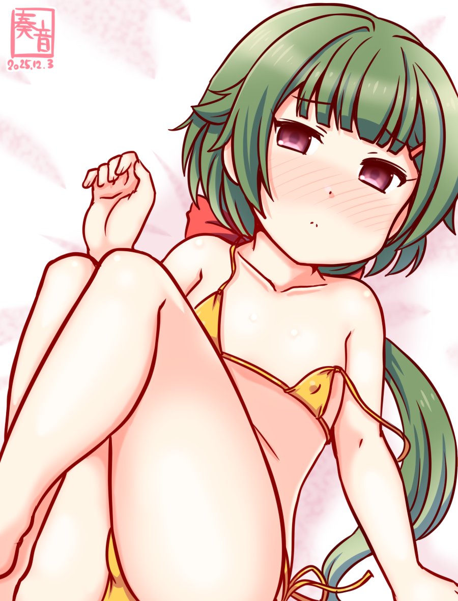 1girl, artist_logo, bikini, commentary_request, covered_erect_nipples, dated, feet_out_of_frame, flat_chest