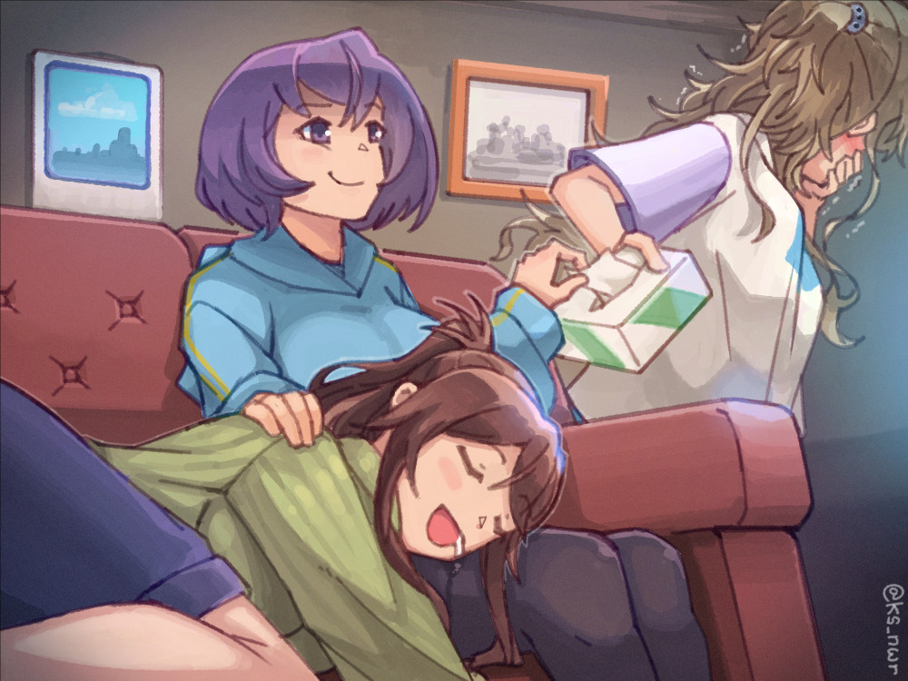3girls, alternate_costume, blue_shirt, brown_hair, character_request, couch, drooling, female_admiral_(kancolle)