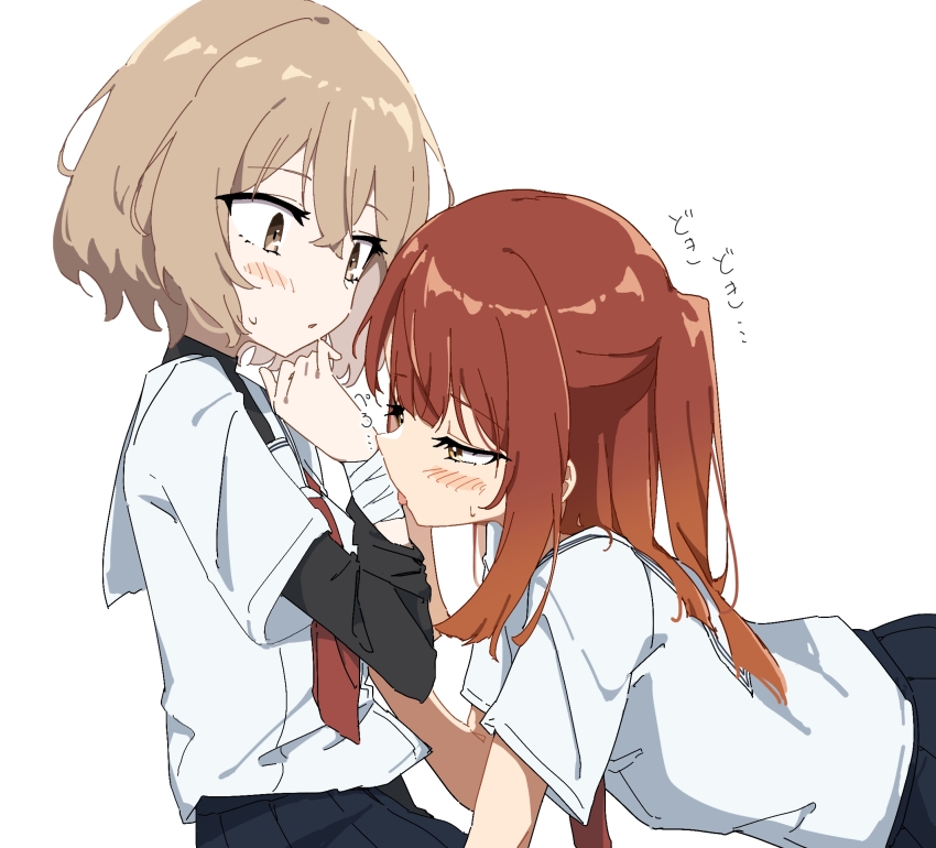 2girls, bandaged_wrist, bandages, black_skirt, blush, brown_eyes, brown_hair, commentary_request