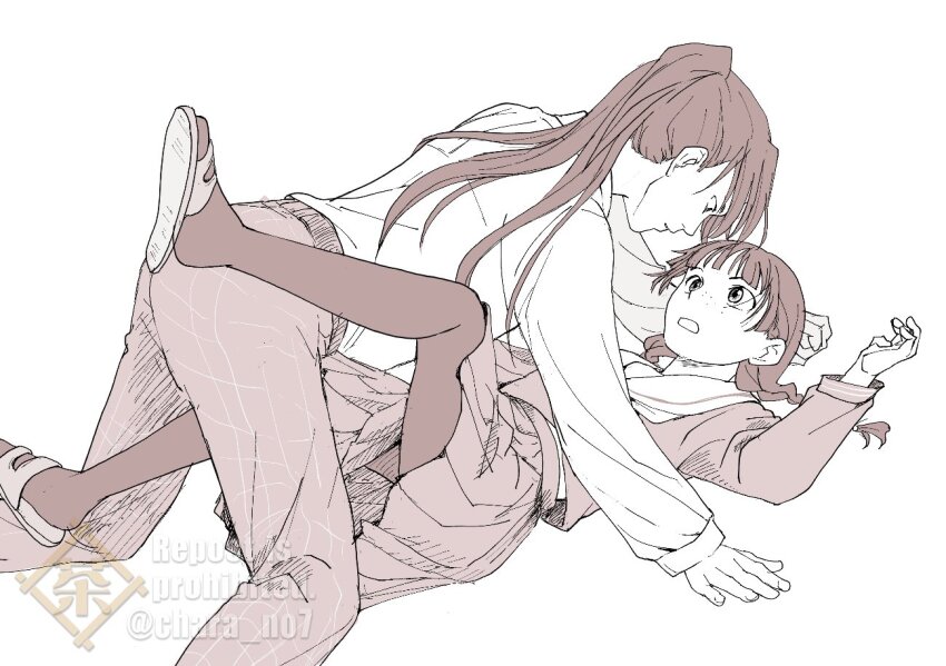 1boy, 1girl, braid, chara_no7, commentary_request, contemporary, freckles, greyscale, jinshi_(kusuriya_no_hitorigoto), kusuriya_no_hitorigoto, long_hair, long_sleeves, low_twin_braids, maomao_(kusuriya_no_hitorigoto), medium_skirt, monochrome, pantyhose, ponytail, school_uniform, serafuku, skirt, twin_braids, twitter_username, watermark