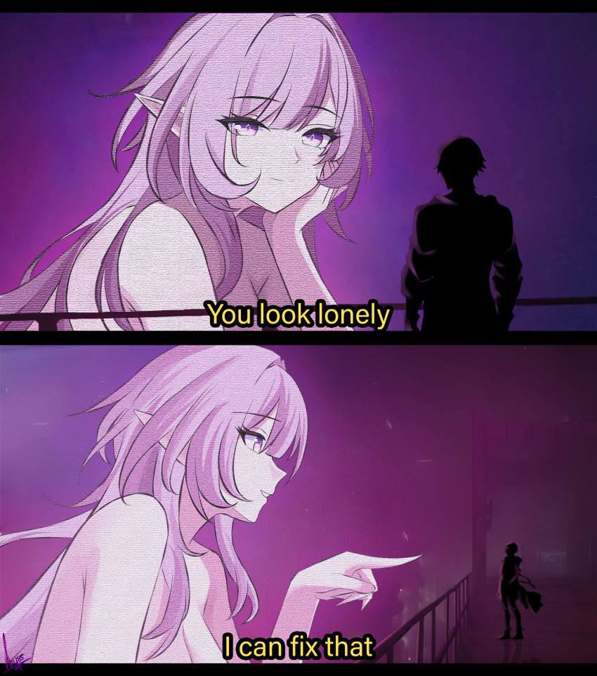 1boy, 1girl, absurdres, abysssian, blade_runner_(series), blade_runner_2049, breasts, caelus_(honkai:_star_rail), closed_mouth, commentary, cyrene_(honkai:_star_rail), cyrene_(demiurge)_(honkai:_star_rail), diamond-shaped_pupils, diamond_(shape), english_commentary, english_text, head_rest, highres, honkai:_star_rail, honkai_(series), large_breasts, letterboxed, long_hair, meme, parted_lips, pink_eyes, pink_hair, pointing, pointing_at_another, sidelocks, signature, smile, symbol-shaped_pupils, trailblazer_(honkai:_star_rail), you_look_lonely_(meme)