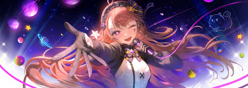 1girl, absurdres, bangsom, black_gloves, black_shrug, blush, brown_hair, commentary, english_commentary, frilled_hairband, frills, gloves, hairband, highres, holding, holding_microphone, indie_virtual_youtuber, long_hair, looking_at_viewer, microphone, nina_saotome, nina_saotome_(nina_2.0), open_mouth, outstretched_arm, outstretched_hand, planet, shrug_(clothing), solo, teeth, upper_body, upper_teeth_only, very_long_hair, virtual_youtuber
