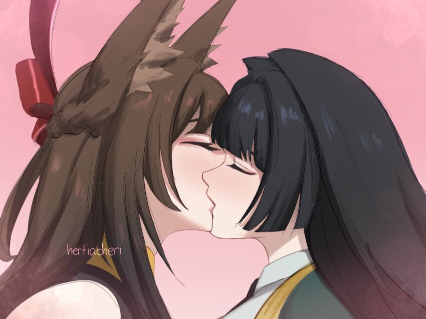 2girls, animal_ear_fluff, animal_ears, aqua_jacket, artist_name, bare_shoulders, black_hair, black_necktie, blunt_bangs, blush, brown_hair, closed_eyes, commentary, droopy_ears, english_commentary, fox_ears, fox_girl, french_kiss, from_side, hair_intakes, hertiacheri, hoshimi_miyabi, jacket, kiss, long_hair, multiple_girls, necktie, pink_background, profile, red_ribbon, ribbon, shirt, species_switch, white_shirt, ye_shunguang, yuri, zenless_zone_zero