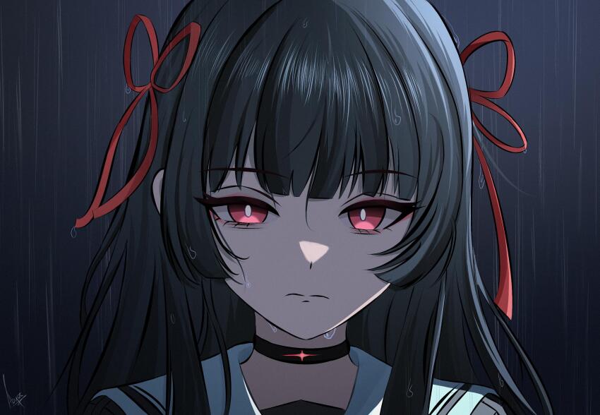 abysssian, black_choker, black_hair, chainsaw_man, chisa_(wuthering_waves), choker, closed_mouth, commentary