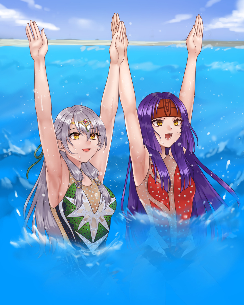 2girls, absurdres, alternate_costume, armpits, arms_up, bare_arms, breasts, commentary_request