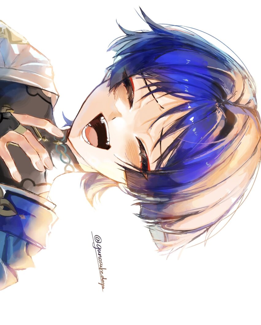 1boy, black_bodysuit, blue_cape, blue_hair, blunt_ends, blush, bodysuit, cape