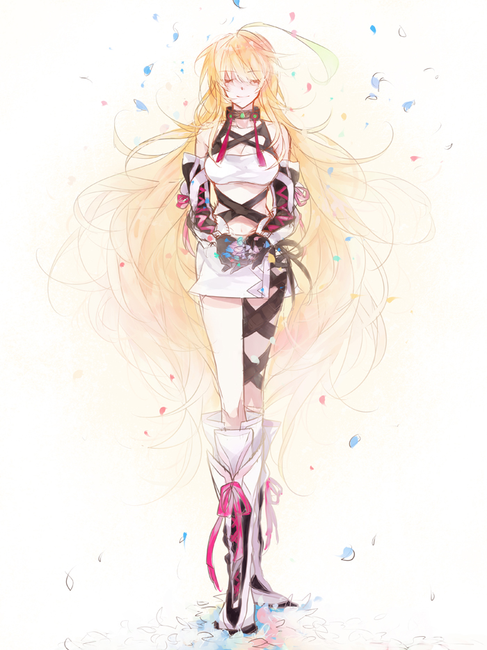 1girl, ayu_(auko2010), bad_id, bad_pixiv_id, blonde_hair, boots, choker, closed_eyes, female_focus, gloves, knee_boots, long_hair, microskirt, midriff, milla_maxwell, print_skirt, skirt, solo, strapless, tales_of_(series), tales_of_xillia, tube_top, very_long_hair, white_skirt