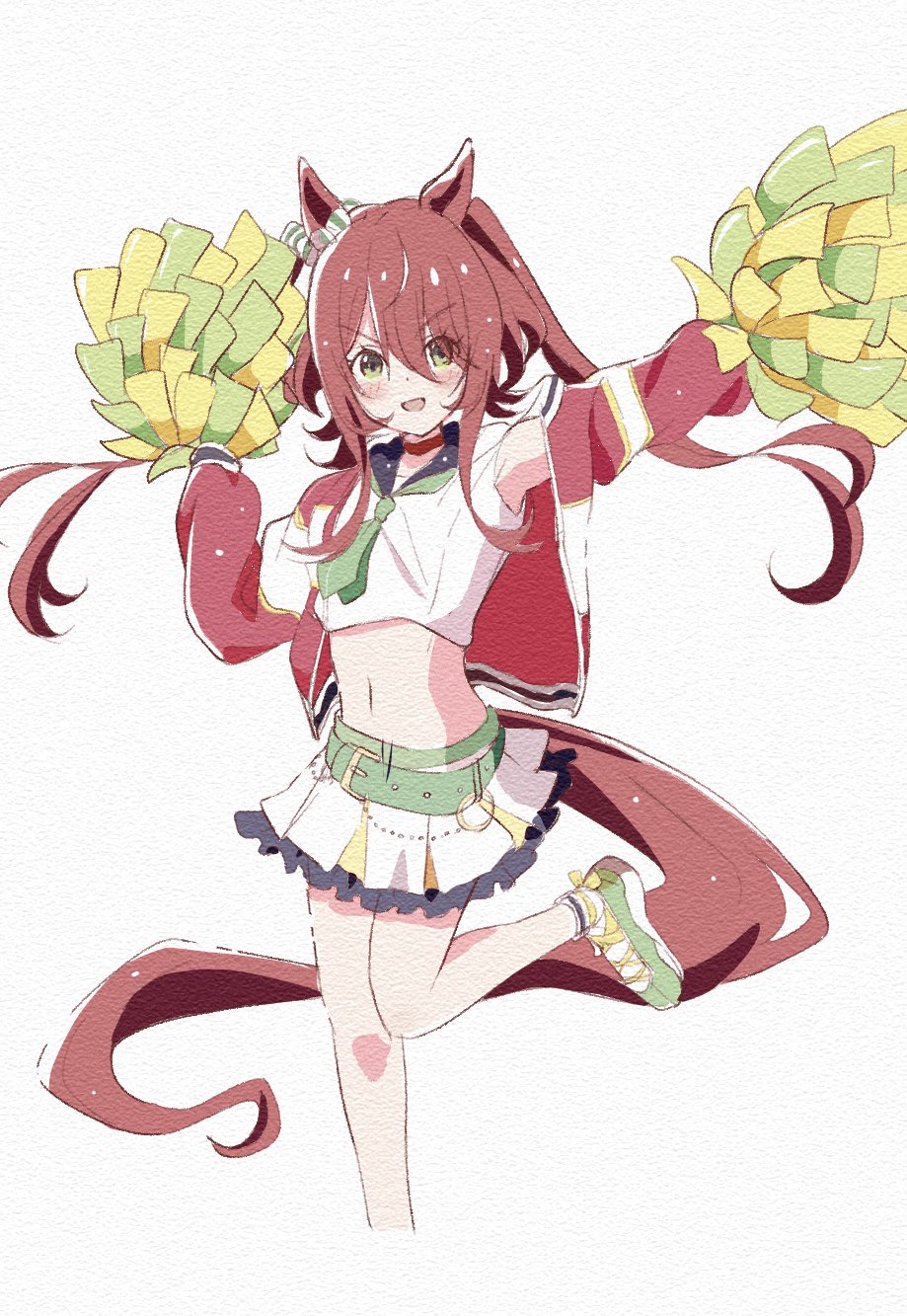 1girl, alternate_costume, animal_ears, belt, blush, breasts, cheerleader, choker