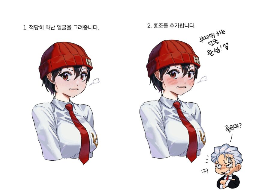 andy_(undead_unluck), beanie, black_hair, black_shirt, blush, breasts, commentary_request, comparison