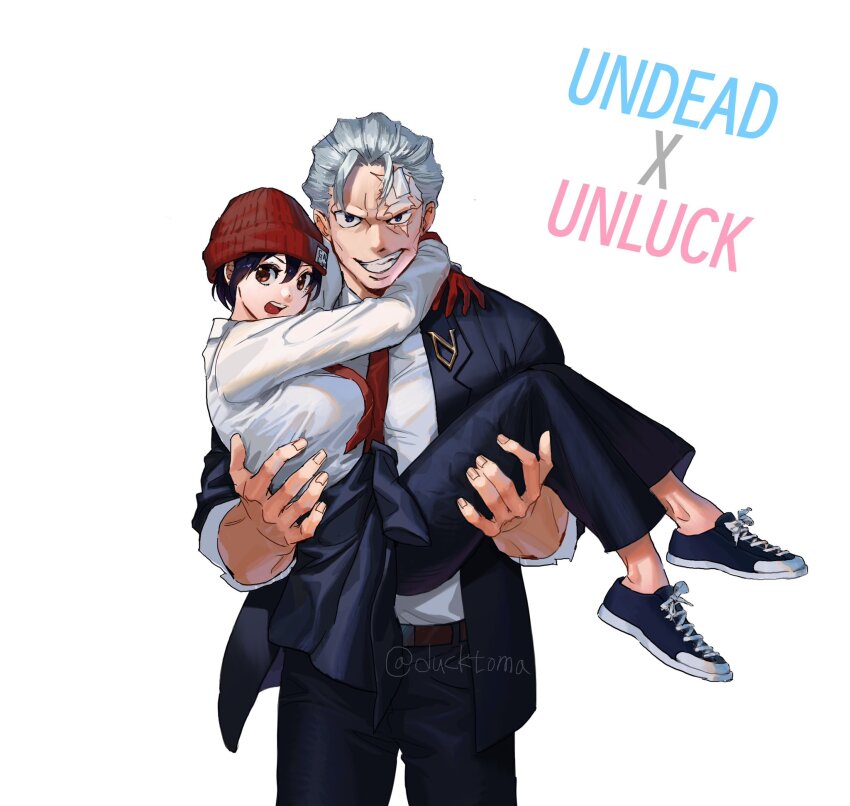 1boy, 1girl, andy_(undead_unluck), beanie, belt, black_pants, black_shirt, blue_eyes