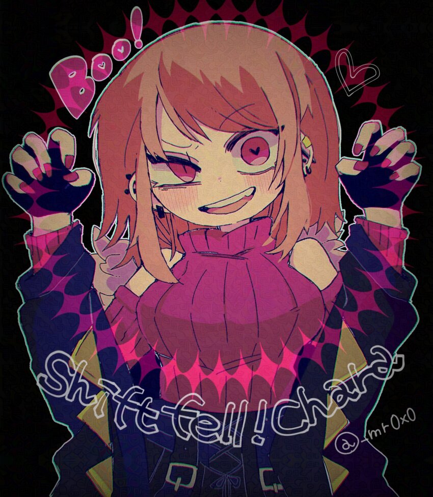 1girl, adversarial_noise, breasts, brown_hair, chara_(shiftfell), chara_(undertale), detached_sleeves, ear_piercing, earrings, english_text, fingerless_gloves, gloves, heart, heart_in_eye, highres, jacket, jewelry, medium_breasts, mr0x0, off-shoulder_sweater, off_shoulder, open_clothes, open_jacket, piercing, purple_nails, purple_sleeves, purple_sweater, sweater, symbol_in_eye, tagme, turtleneck, turtleneck_sweater, twitter_username, undertale, utdr_(toby_fox)
