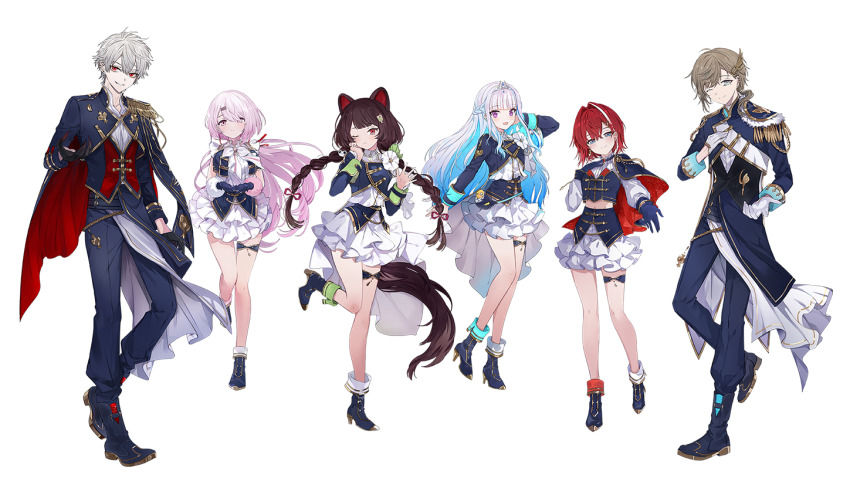 2boys, 4girls, aiguillette, ange_katrina, animal_ears, animal_hair_ornament, ankle_boots, black_gloves