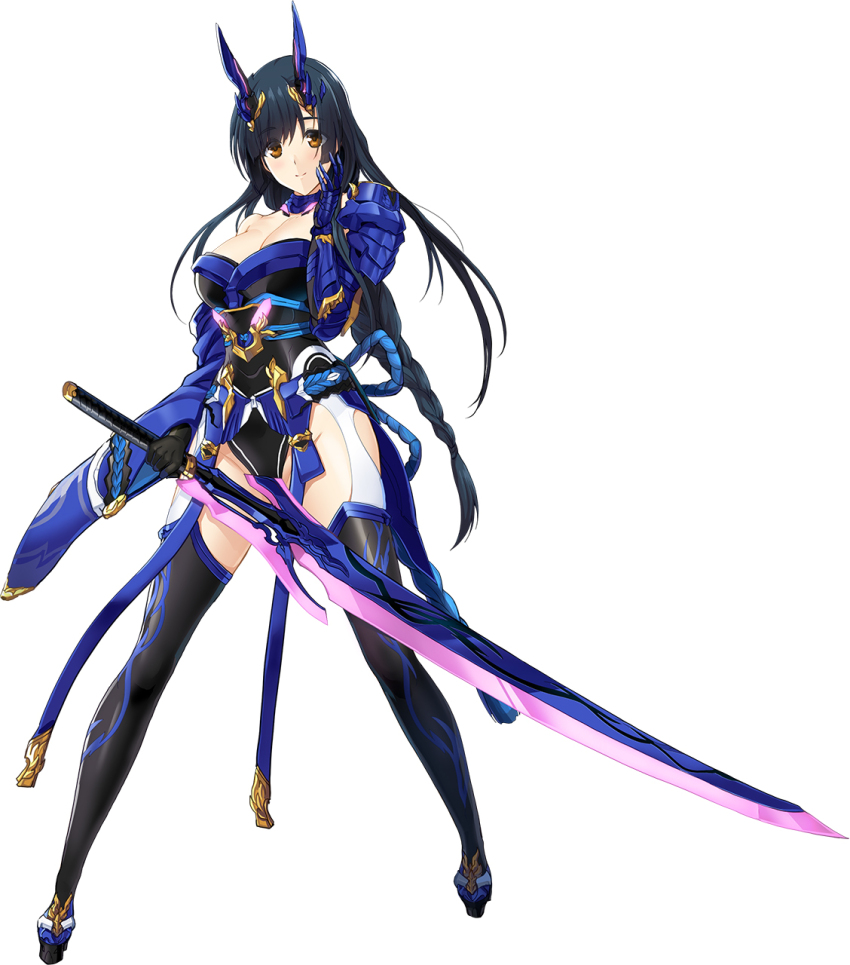 1girl, armor, black_hair, black_thighhighs, breasts, brown_eyes, choukou_(alicesoft), choukou_taisen_escalation_heroines