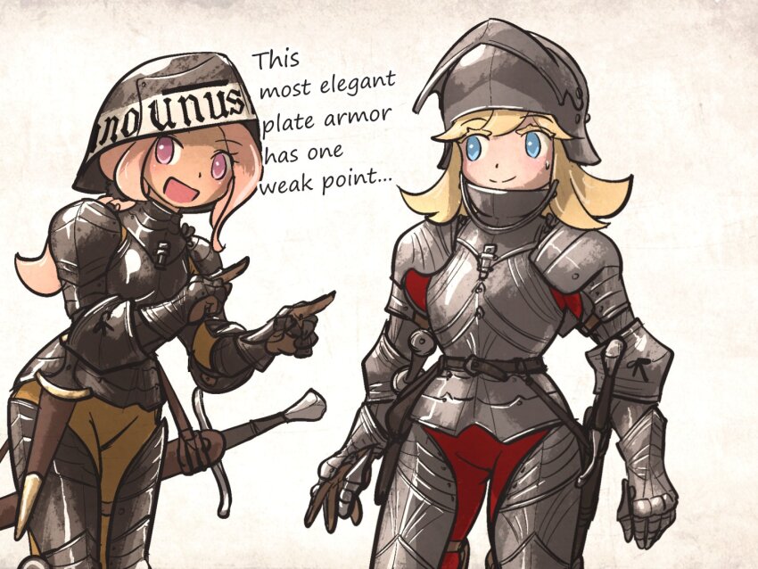 2girls, armor, blonde_hair, blue_eyes, breastplate, brown_pants, brown_shirt, closed_mouth