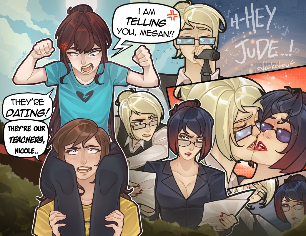 4girls, anger_vein, black_hair, black_vest, blue_eyes, blue_shirt, breasts, brown_hair