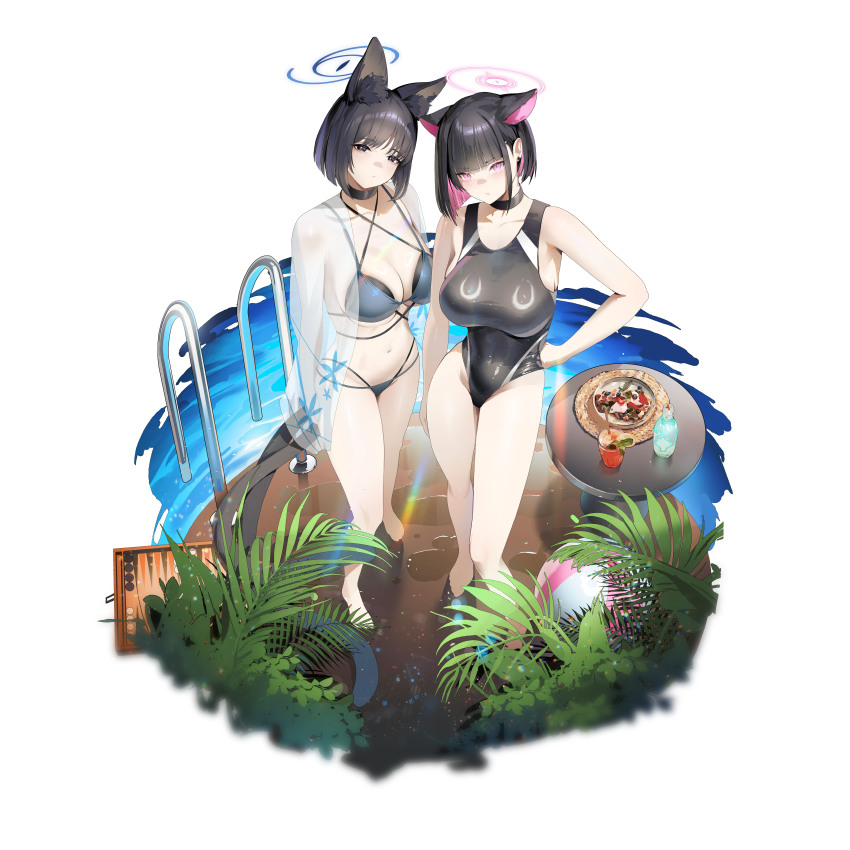 2girls, :/, absurdres, animal_ear_fluff, animal_ears, backgammon, ball, bare_arms, bare_legs, barefoot, beachball, bikini, black_bikini, black_choker, black_eyes, black_hair, black_one-piece_swimsuit, blue_archive, blue_bikini, blue_halo, bottle, breasts, bright_pupils, bush, cat_ears, cat_girl, cat_tail, choker, closed_mouth, colored_inner_animal_ears, colored_inner_hair, commentary, competition_swimsuit, criss-cross_halter, cup, drinking_glass, earrings, extra_ears, feet, fern, food, full_body, halo, halterneck, hand_on_own_hip, highleg, highleg_one-piece_swimsuit, highres, jewelry, kazusa_(blue_archive), kikyou_(blue_archive), kikyou_(swimsuit)_(blue_archive), large_breasts, layered_bikini, light_blush, looking_at_viewer, multicolored_hair, multiple_girls, multiple_tails, najiu_jiao_xiaolan_ba, navel, official_alternate_costume, one-piece_swimsuit, pink_eyes, pink_hair, pink_halo, pool_ladder, see-through_clothes, short_hair, simple_background, sphere_earrings, standing, swimsuit, table, tail, tropical_drink, two-tone_hair, two_tails, water, water_bottle, white_background, white_pupils