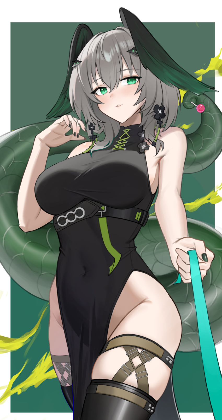 1girl, absurdres, arknights, bare_shoulders, black_dress, black_nails, black_thighhighs, breasts