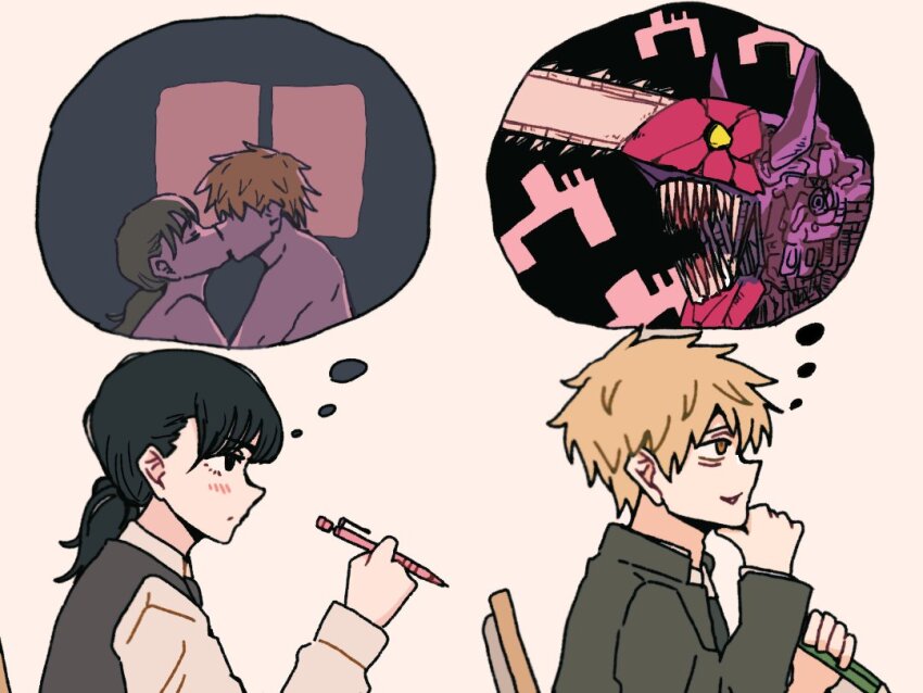 1boy, 1girl, black_hair, breasts, chainsaw, chainsaw_man, collared_shirt, couple, denji_(chainsaw_man), denji_man_(chainsaw_man), hair_between_eyes, hashtag-only_commentary, hetero, kiss, long_hair, meme, mitaka_asa, necktie, open_mouth, she_versus_he_thought_bubble_(meme), shirt, short_hair, simple_background, speech_bubble, teeth, thought_bubble, ueno_ganma, white_background, white_shirt