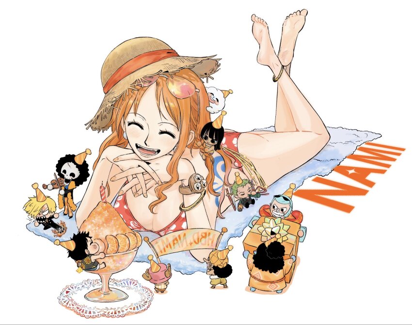 2girls, 6+boys, angry, anklet, antlers, ass, bangle, bare_legs, bare_shoulders, barefoot, beach_towel, bikini, birthday, black_hair, blonde_hair, blue_hair, bottle, box, bracelet, braid, braiding_another's_hair, braiding_hair, breasts, brook_(one_piece), character_name, cleavage, closed_eyes, cup, drinking, earrings, eating, elbow_rest, eyewear_on_head, facing_away, feet, food, franky_(one_piece), fruit, full_body, giant, giantess, gift, gift_box, green_hair, hairdressing, happy_birthday, hat, highres, holding, holding_bottle, holding_gift, holding_instrument, holding_violin, horns, instrument, interlocked_fingers, jewelry, jinbe_(one_piece), kicking, large_breasts, legs, light_blush, log_pose, long_hair, looking_at_another, lying, mandarin_orange, monkey_d._luffy, multiple_boys, multiple_girls, music, nami_(one_piece), nico_robin, on_head, on_shoulder, on_stomach, one_piece, open_mouth, orange_(fruit), orange_hair, orange_slice, own_hands_together, party_hat, pearl_earrings, pink_hat, playing_instrument, polka_dot, polka_dot_bikini, red_bikini, reindeer_antlers, reindeer_boy, roronoa_zoro, sanji_(one_piece), sharp_teeth, shaved_ice, shoulder_tattoo, single_sidelock, sitting, size_difference, sktkah_7326, skull, smile, soles, standing, straw_hat, straw_hat_pirates, sunglasses, swimsuit, tattoo, teeth, toes, tony_tony_chopper, towel, usopp, violin, wavy_hair, white_background, zeus_(one_piece)