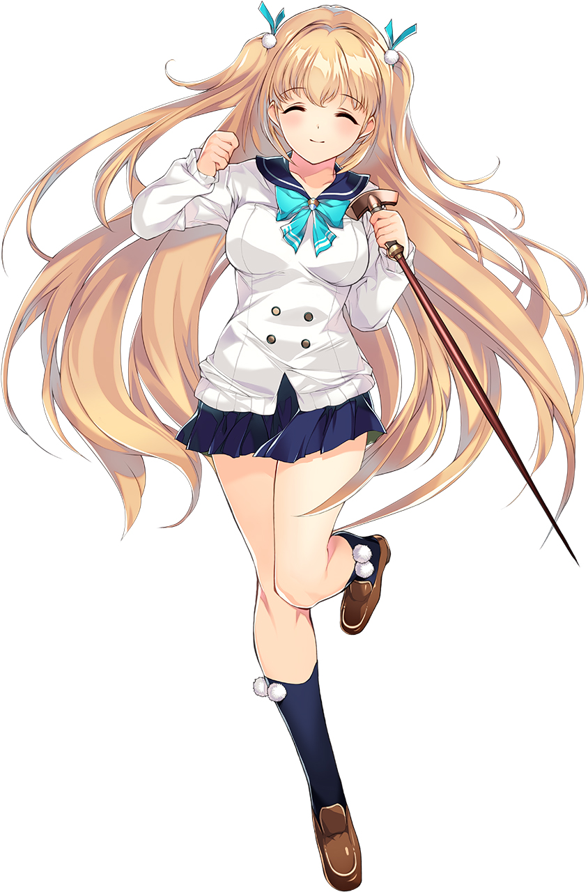 1girl, bare_legs, blonde_hair, blue_skirt, bow, bowtie, breasts, cane