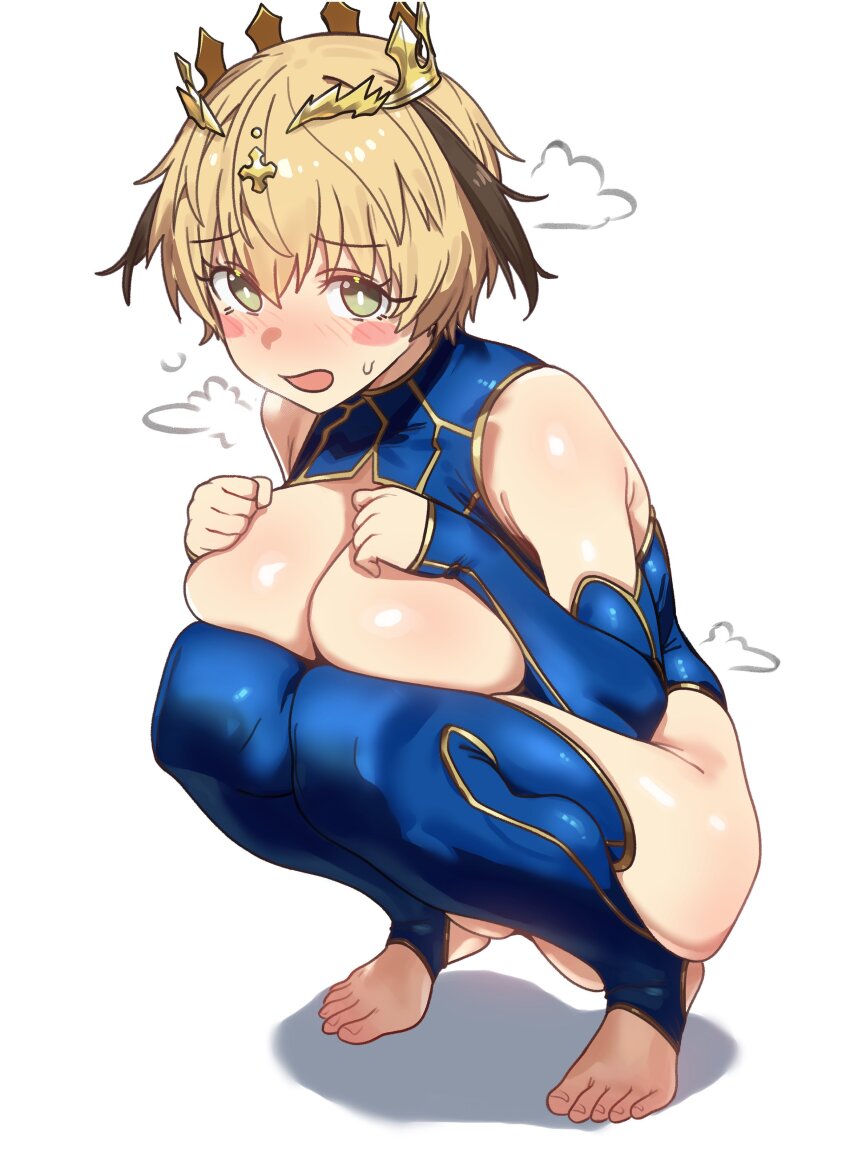 1girl, absurdres, alternate_breast_size_(larger), artoria_pendragon_(fate), artoria_pendragon_(lancer)_(fate), artoria_pendragon_(lancer)_(fate)_(cosplay), blonde_hair, blue_sleeves, blue_thighhighs, blush, blush_stickers, breasts, commentary, cosplay, crown, detached_sleeves, ebora, embarrassed, english_commentary, fate/grand_order, fate_(series), feet, full_body, gareth_(fate), green_eyes, hair_between_eyes, hair_flaps, highres, huge_breasts, looking_at_viewer, multicolored_hair, no_shoes, short_hair, solo, squatting, stirrup_legwear, thighhighs, toeless_legwear, toenails, toes, two-tone_hair, white_background