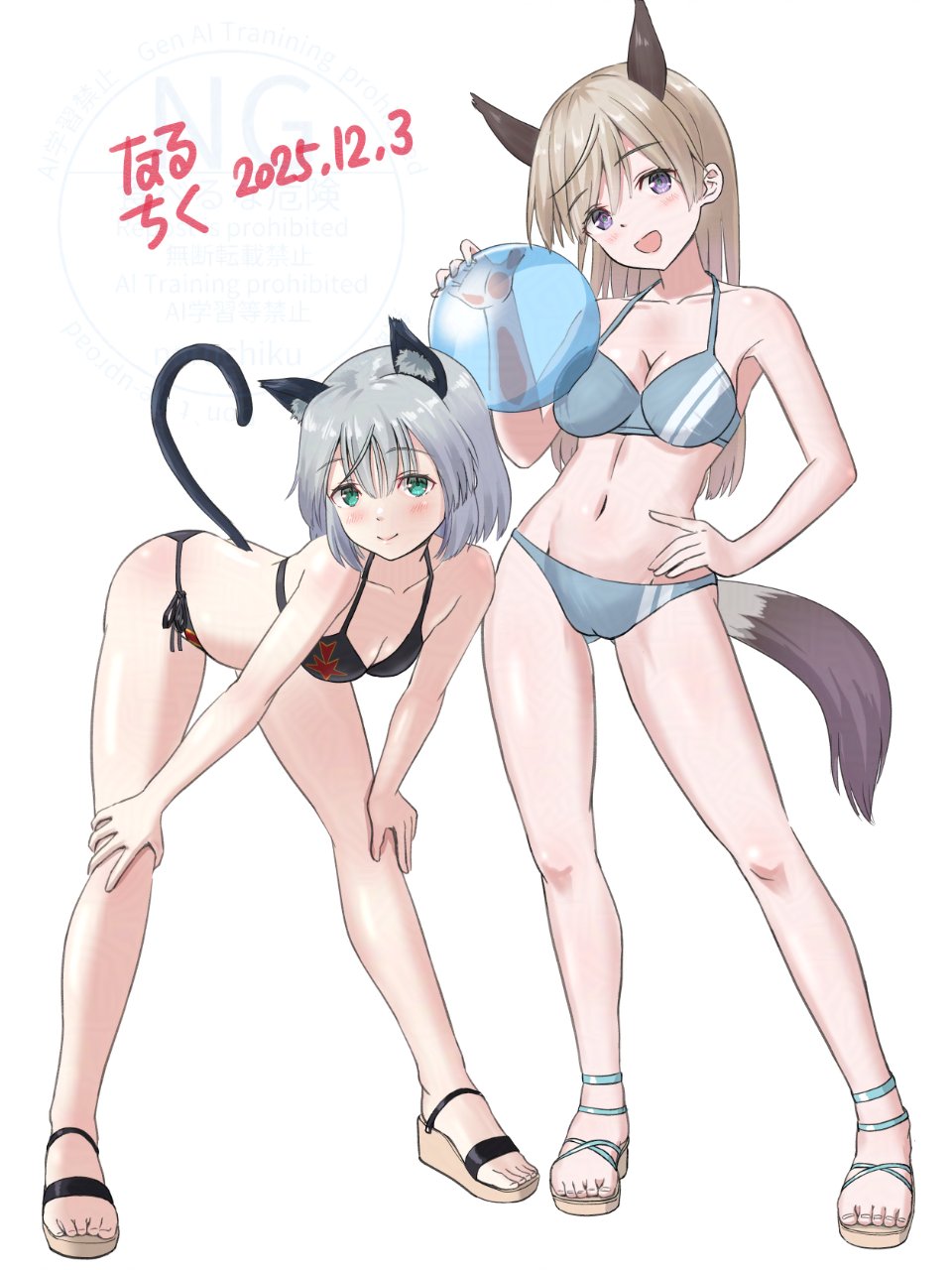 2girls, alternate_costume, animal_ears, ball, bikini, black_bow, blue_bikini, blue_eyes
