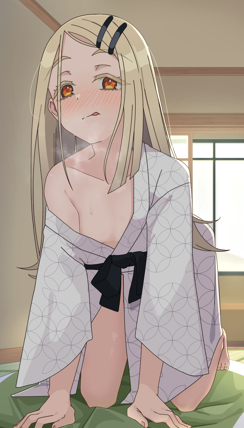 1girl, absurdres, all_fours, architecture, barefoot, blonde_hair, blush, breasts