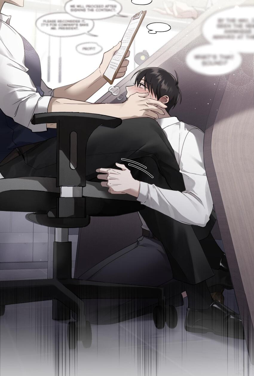 1other, 2boys, black_hair, black_vest, blurry_text, blush, breath, clipboard, coat, collared_shirt, formal_clothes, hand_on_another's_leg, highres, holding, holding_clipboard, implied_fellatio, kim_dokja, light_particles, male_focus, multiple_boys, omniscient_reader's_viewpoint, out_of_frame, seiza, shirt, short_hair, sitting, sleeves_rolled_up, speech_bubble, sweatdrop, tanppopo9, vest, white_shirt, yaoi, yoo_joonghyuk