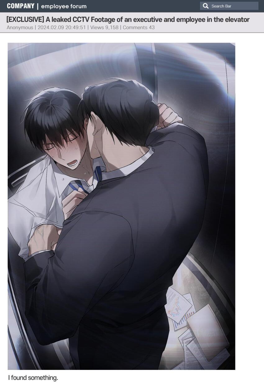 2boys, black_coat, black_hair, blush, coat, collared_shirt, elevator, english_text